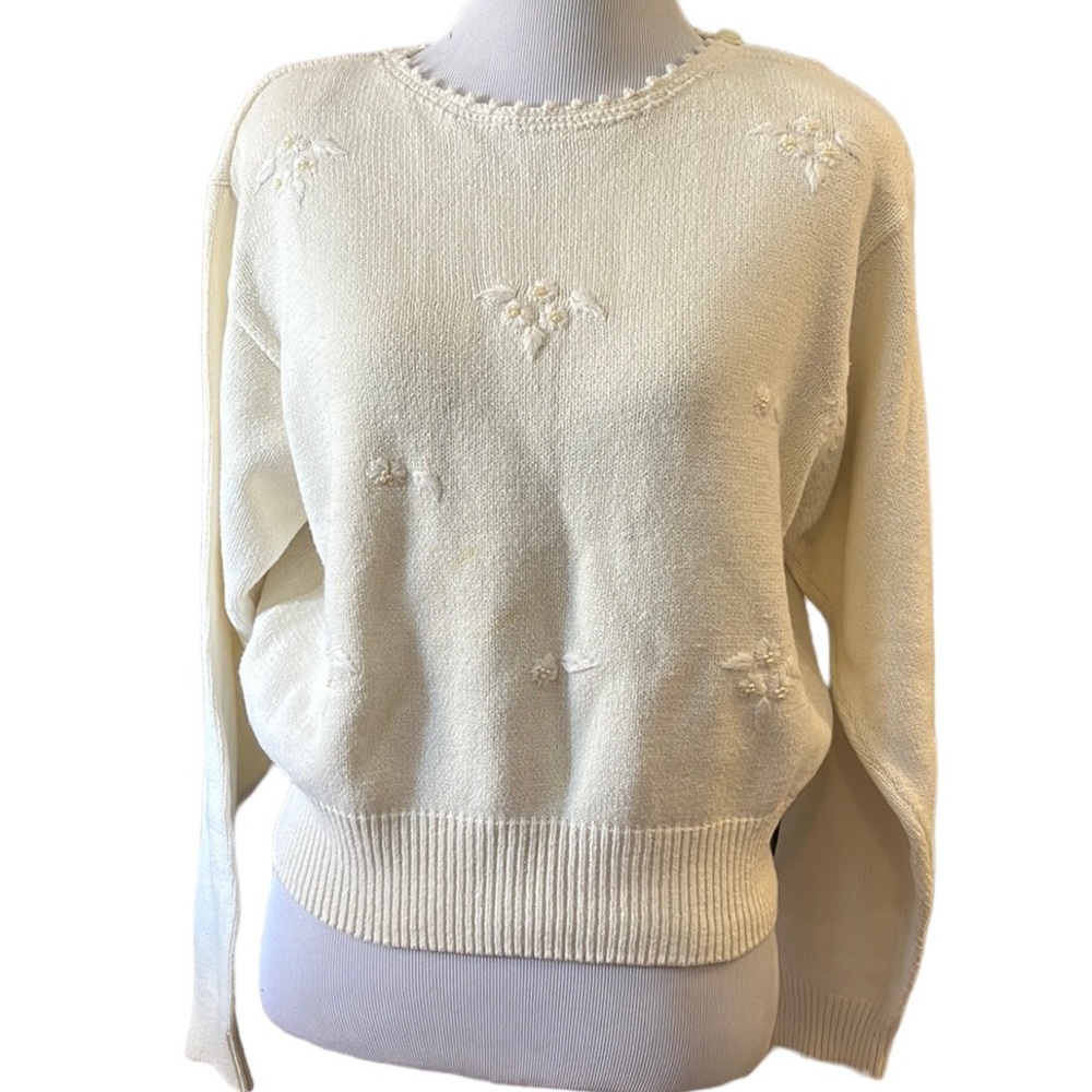 VINTAGE LIZ CLAIBORNE FLORAL EMBROIDERED BEADED KNIT SWEATER IVORY WHITE SIZE 8P